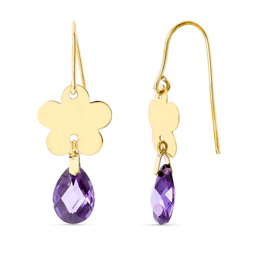 [P15255-AT] 18K PENDIENTES ORO AMARILLO FLOR PIEDRA AMATISTA 10X7 MM