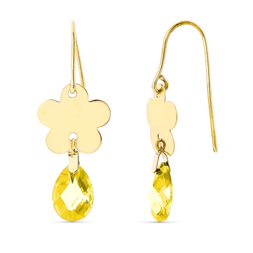 [P15255-CT] 18K PENDIENTES ORO AMARILLO FLOR PIEDRA CITRINO 10X7 MM