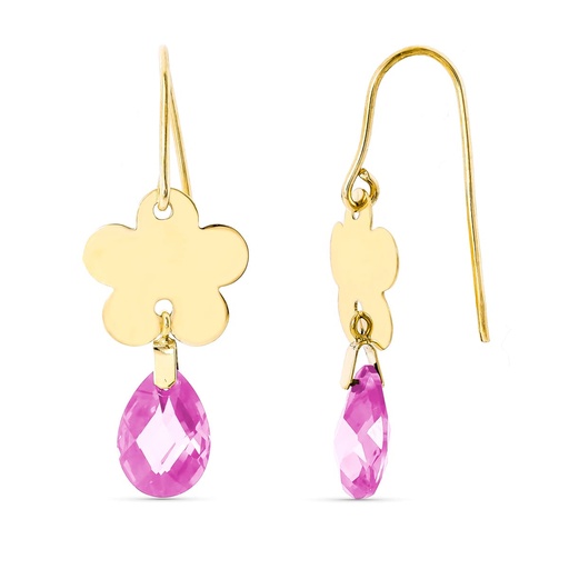 [P15255-RS] 18K PENDIENTES ORO AMARILLO FLOR PIEDRA ROSA 10X7 MM