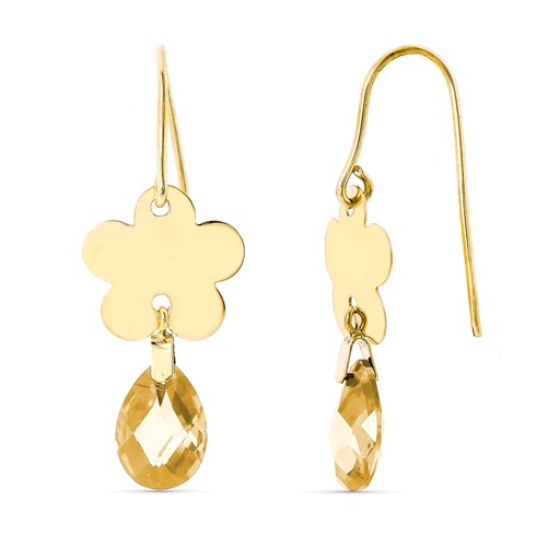 [P15255-TO] 18K PENDIENTES ORO AMARILLO FLOR PIEDRA TOPACIO 10X7 MM