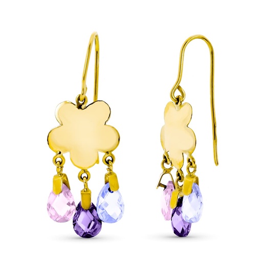 [P15256-COM1] 18K PENDIENTES ORO AMARILLO LARGO FLOR 3 PIEDRAS COLOR RS-AT-MA
