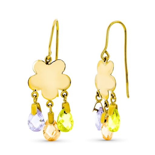 [P15256-COM2] 18K PENDIENTES ORO AMARILLO LARGO FLOR 3 PIEDRAS COLOR CT-MA-OL