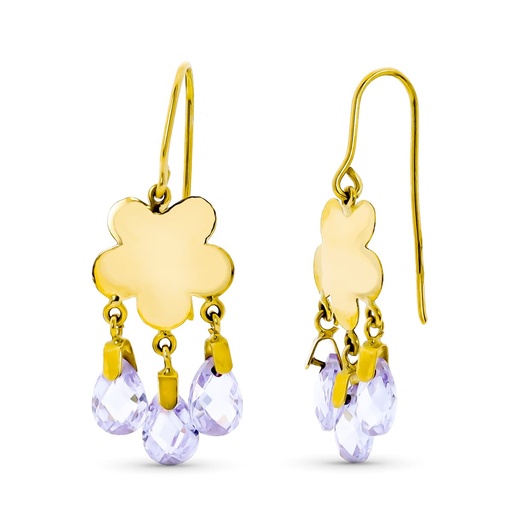 [P15256-MA] 18K PENDIENTES ORO AMARILLO LARGO FLOR 3 PIEDRAS COLOR MALVA