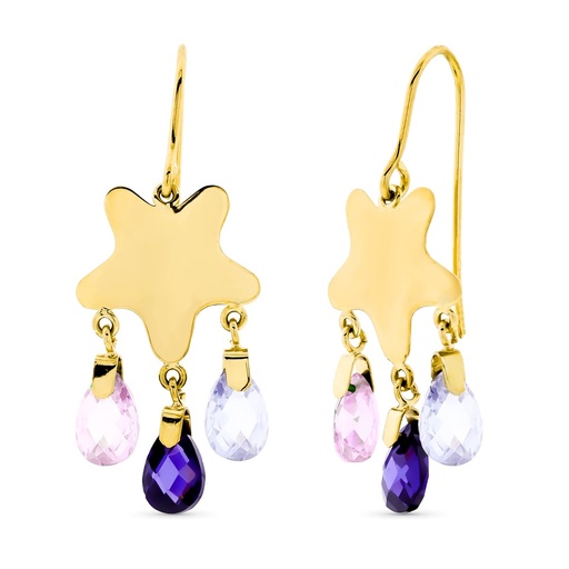 [P15258] 18K PENDIENTES ORO AMARILLO LARGOS PIEDRA COLOR ESTRELLA GANCHO