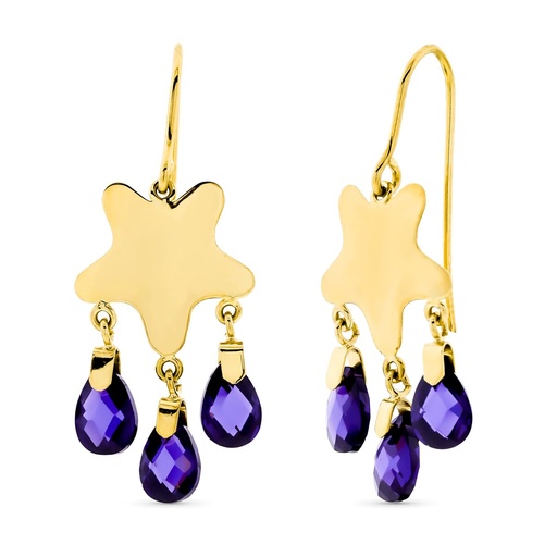 [P15258-AT] 18K PENDIENTES ORO AMARILLO LARGOS ESTRELLA AMATISTA GANCHO