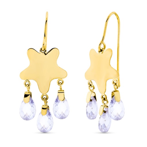 [P15258-MA] 18K PENDIENTES ORO AMARILLO LARGO ESTRELLA PIEDRA COLOR MALVA GANCHO