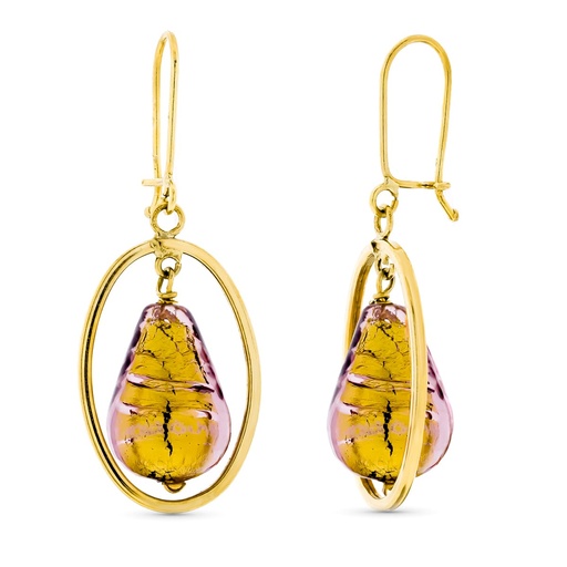 [P15281-DO] 18K PENDIENTES ORO AMARILLO LARGO PIEDRA MURANO DORADA 12X8 MM