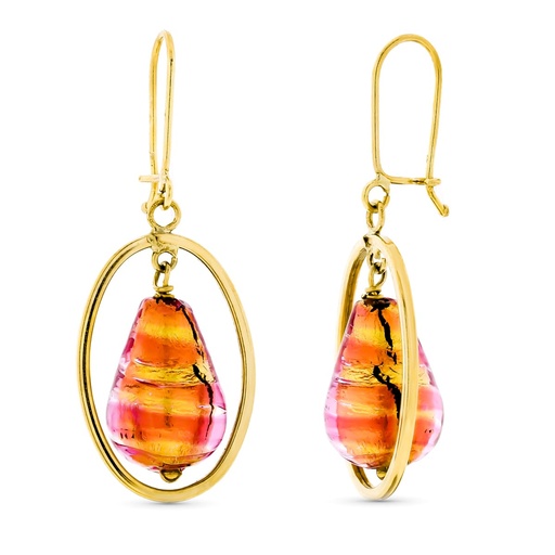 [P15281-DORS] 18K PENDIENTES ORO AMARILLO LARGO MURANO DORADA Y ROSA 12X8 MM