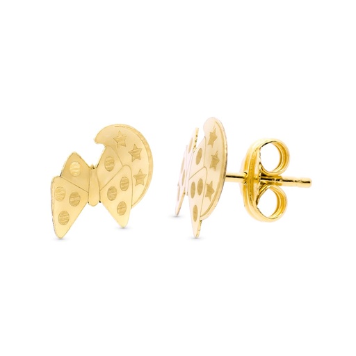 [P15310] 18K PENDIENTES ORO AMARILLO MARIPOSA Y LUNA 9X8 MM CIERRE PRESION