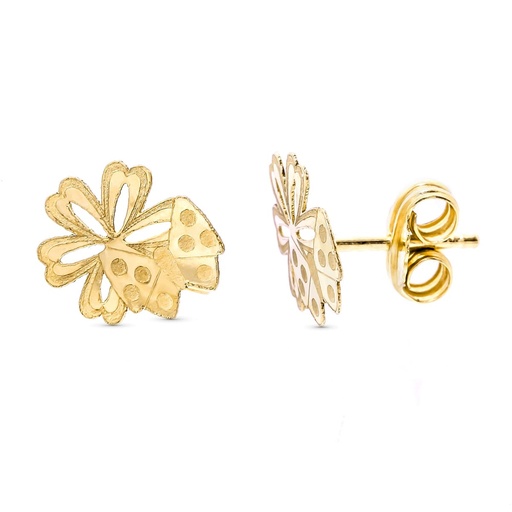 [P15312] 18K PENDIENTES ORO AMARILLO MARIPOSA Y FLOR 8X7 MM CIERRE PRESION