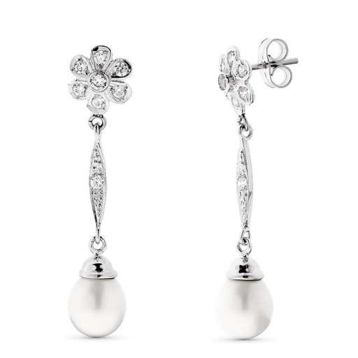 [P15321] 18K PENDIENTES PERLA Y FLOR ORO BLANCO