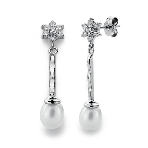 [P15326] 18K PENDIENTES ORO BLANCO .CUAJO Y PERLA 34X6 MM