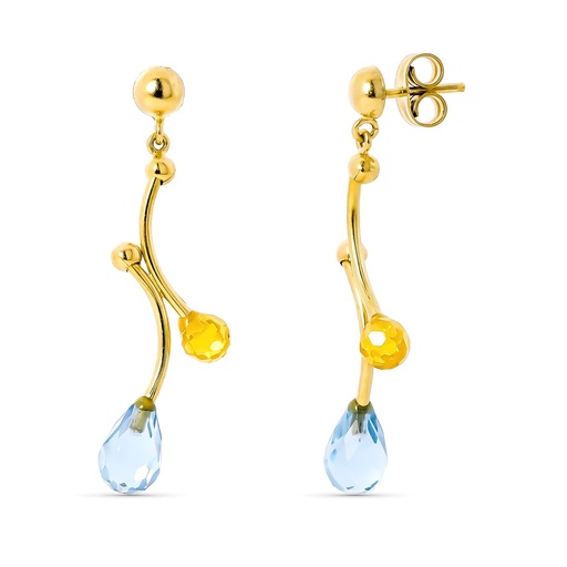 [P15333-AMCT] 18K PENDIENTES ORO AMARILLO LARGOS PIEDRAS AGUAMARINA Y CITRINO
