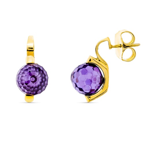 [P15365-MO] 18K PENDIENTES ORO AMARILLO PIEDRA COLOR MORADA 10 MM