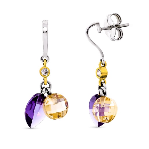 [P15368-ATKU] 18K PENDIENTES ORO BICOLOR PIEDRAS AMATISTA Y KUNCITA