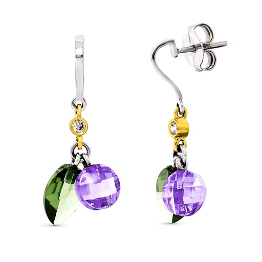 [P15368-OLAT] 18K PENDIENTES ORO BICOLOR PIEDRAS OLIVINA Y AMATISTA