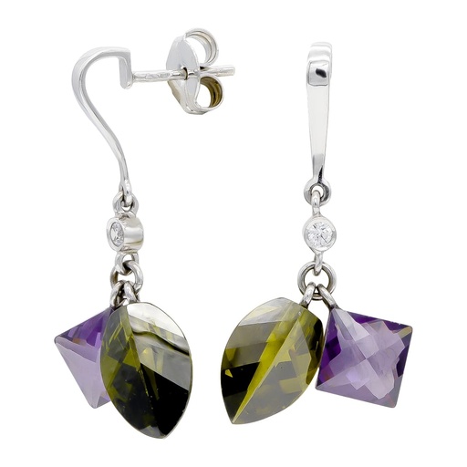[P15369-OLAT] 18K PENDIENTES ORO BLANCO OLIVINA Y AMATISTA