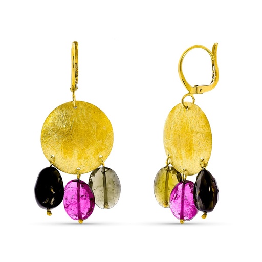 [P15375-COM1] 18K PENDIENTES ORO AMARILLO MOTIVO REDONDO Y PIEDRAS COLORES. 44X18 MM
