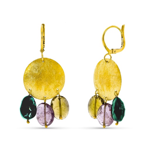 [P15375-COM2] 18K PENDIENTES ORO AMARILLO MOTIVO REDONDO Y PIEDRAS COLORES. 44X18 MM