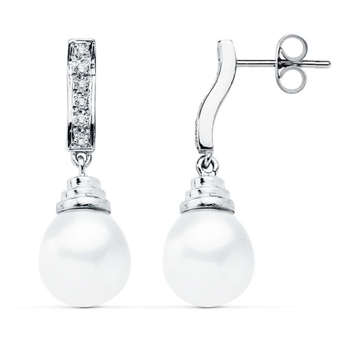 [P15385] 18K PENDIENTES ORO BLANCO PERLA 28X9 MM