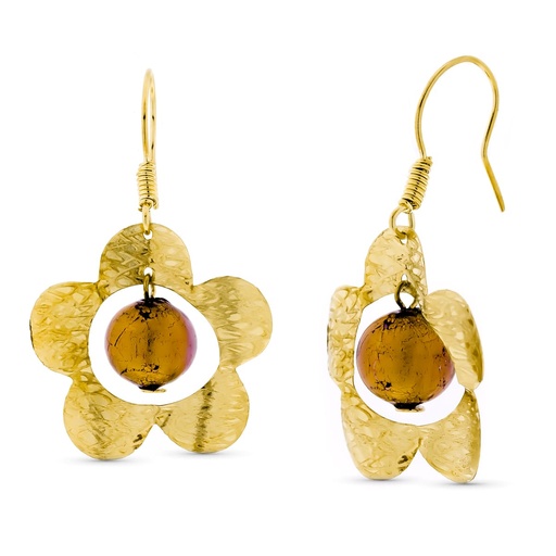 [P15394] 18K PENDIENTES ORO AMARILLO LARGOS FLOR BOLA MURANO GANCHO
