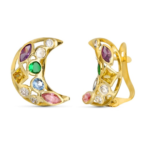 [P15402] 18K PENDIENTES ORO AMARILLO LUNA CIRCONITAS COLOR  14X10 MM CIERRE CATALAN
