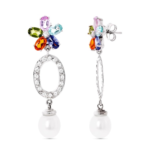 [P15436] 18K PENDIENTES ORO BLANCO CIRCONITAS Y PERLA Y FLOR DE PIEDRA COLOR