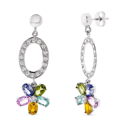 [P15440] 18K PENDIENTES LARGOS ORO BLANCO PIEDRAS COLOR 42X13 MM CIERRE PRESION