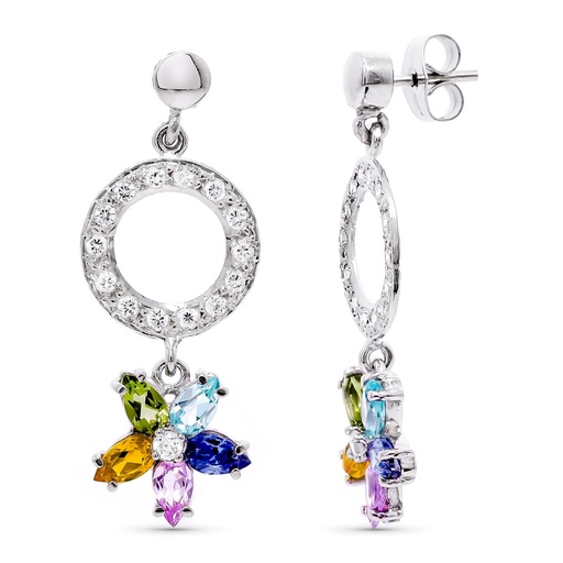 [P15441] 18K PENDIENTES LARGOS ORO BLANCO Y PIEDRAS DE COLORES.36X14 MM CIERRE PRESION