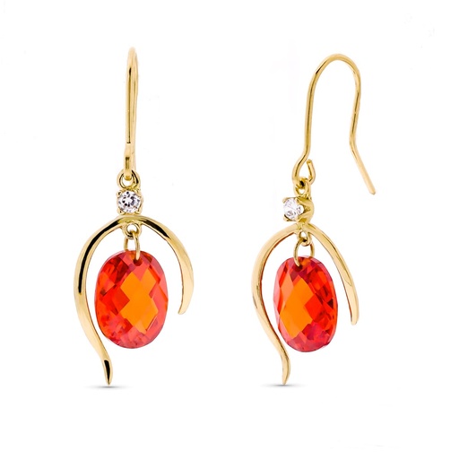 [P15485-NR] 18K PENDIENTES ORO AMARILLO LARGOS PIEDRA NARANJA 10X8 MM CIRCONITA