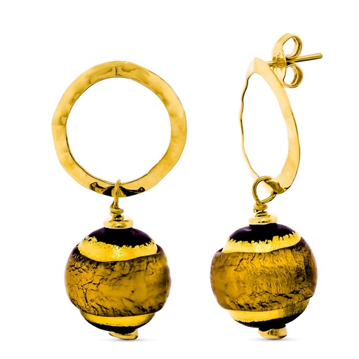 [P15501-MR] 18K PENDIENTES ORO AMARILLO LARGO MURANO 14 MM TONOS MARRON