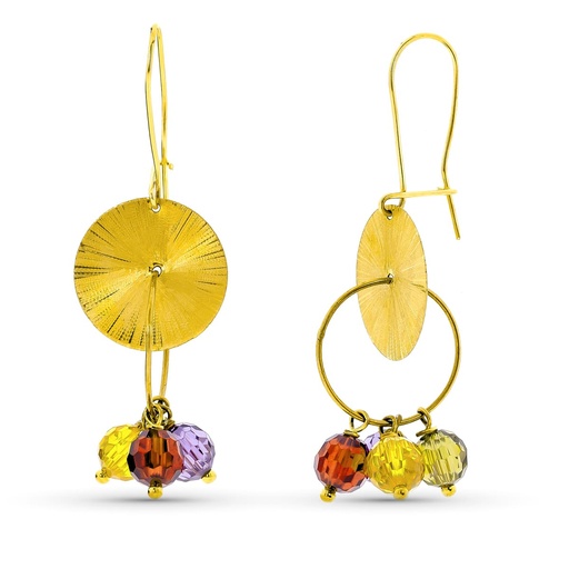 [P15503] 18K PENDIENTES ORO AMARILLO LARGOS PIEDRAS COLORES Y CHAPA TALLADA CIERRE GANCHO