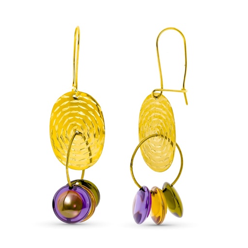 [P15504] 18K PENDIENTES ORO AMARILLO LARGOS PIEDRAS COLORES Y CHAPA TALLADA CIERRE GANCHO