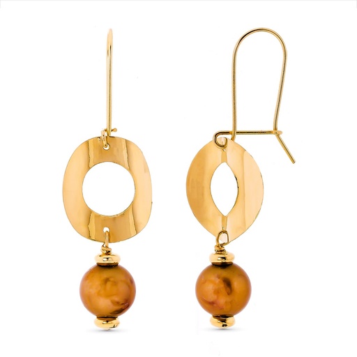 [P15506] 18K PENDIENTES LARGOS ORO AMARILLO REDONDOS PERLA COLOR 44X15 MM