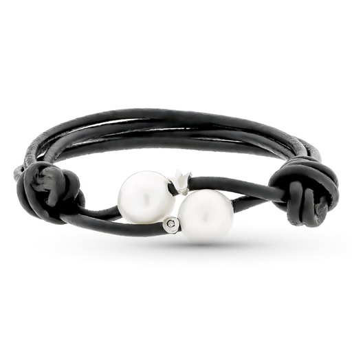 [P1552] 18K PULSERA CUERO PERLA Y DIAMANTES TALLA BRILLANTE