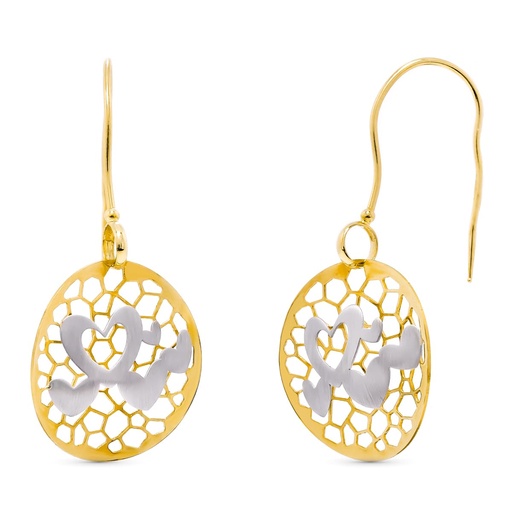 [P15532] 18K PENDIENTES LARGOS BICOLOR CORAZONES CALADOS 40X19 MM CIERRE GANCHO