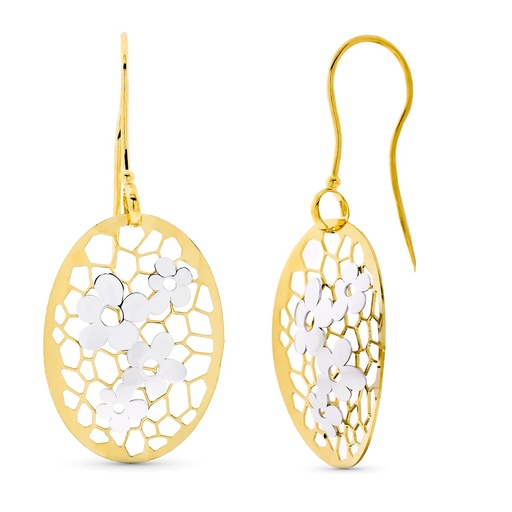 [P15533] 18K PENDIENTES ORO BICOLOR LARGOS FLOR