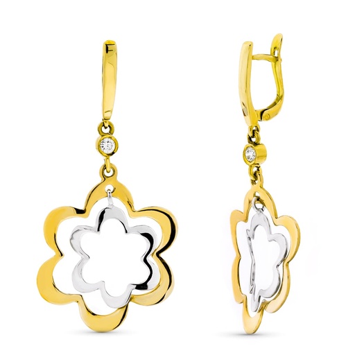 [P15540] 18K PENDIENTES ORO TRICOLOR LARGOS FLORES