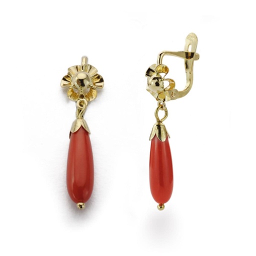 [P15551] 18K PENDIENTES ORO AMARILLO PERA CORAL ROJO NATURAL 25X6 MM ORIGEN CERDEÑA