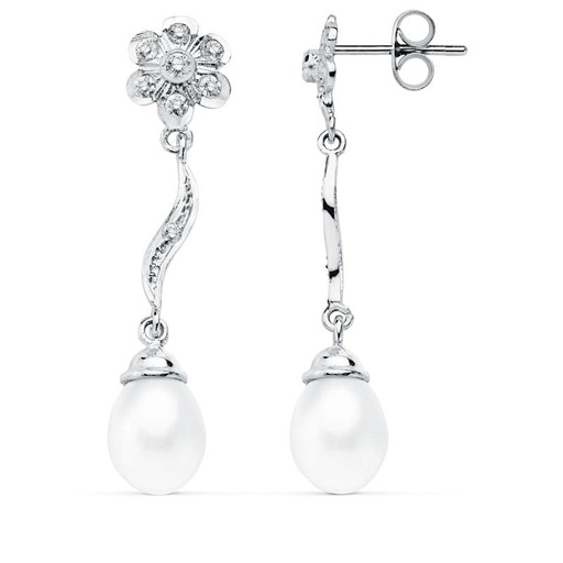 [P15561] 18K PENDIENTES ORO BLANCO PERLA 9X7 MM FLOR 38X8 MM