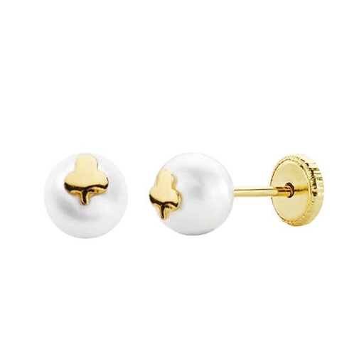[P15577] 18K PENDIENTES ORO AMARILLO TREBOL Y PERLA 6 MM ROSCA