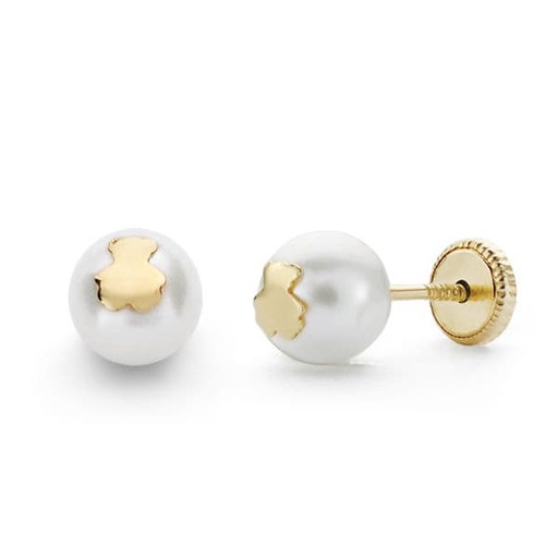 [P15581] 18K PENDIENTES ORO AMARILLO PERLA Y OSO . 6 MMROSCA