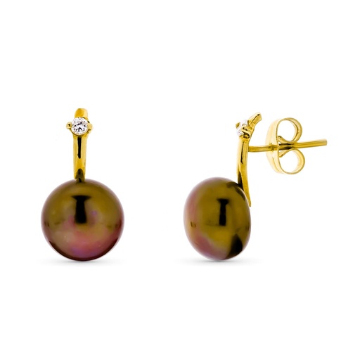 [P15588-OAMR] 18K PENDIENTES ORO AMARILLO PERLA BOTON 10 MM MARRON