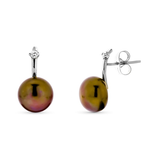 [P15588-OBMR] 18K PENDIENTES ORO BLANCO PERLA BOTON 10 MM MARRON