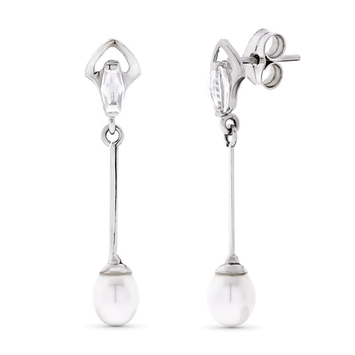 [P15589] 18K PENDIENTES ORO BLANCO LARGOS Y PERLAS