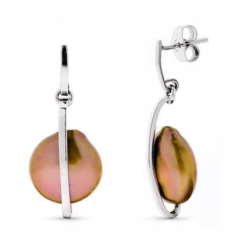 [P15601] 18K PENDIENTES ORO BLANCO LARGOS Y PERLA CHOCOLATE