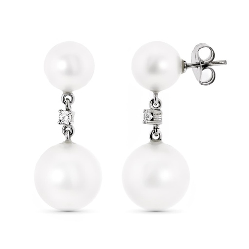 [P15603] 18K PENDIENTES ORO BLANC CON PERLA REDONDAS DE 10 Y 14 MM CIERRE PRESION