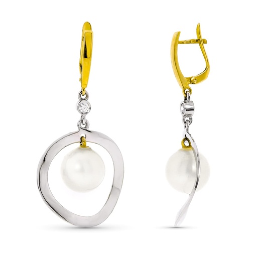[P15604] 18K PENDIENTES LARGOS ORO BLANCO Y PERLA DE 10 MM