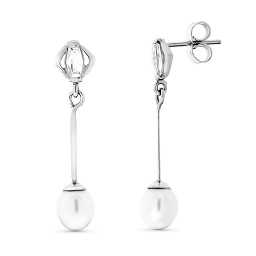 [P15668] 18K PENDIENTES ORO BLANCO LARGOS Y PERLAS