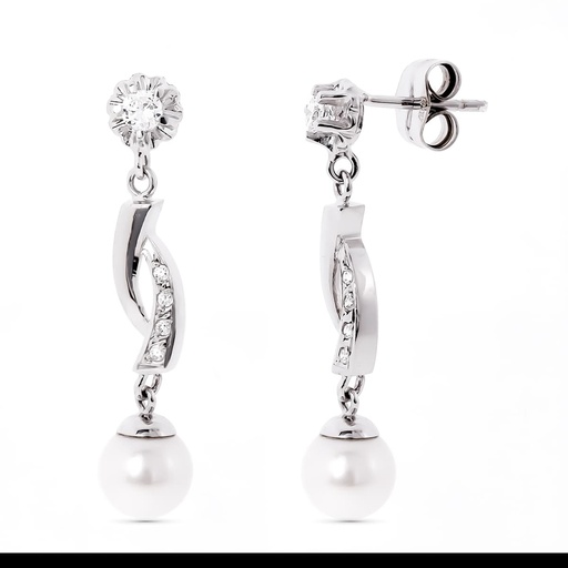 [P15681] 18K PENDIENTES ORO BLANCO Y PERLA CON GARRA DE CIRCONITA